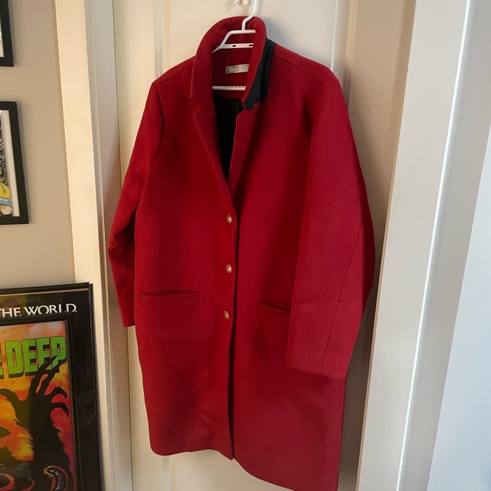 Simons Red Pea Coat with Black Trim